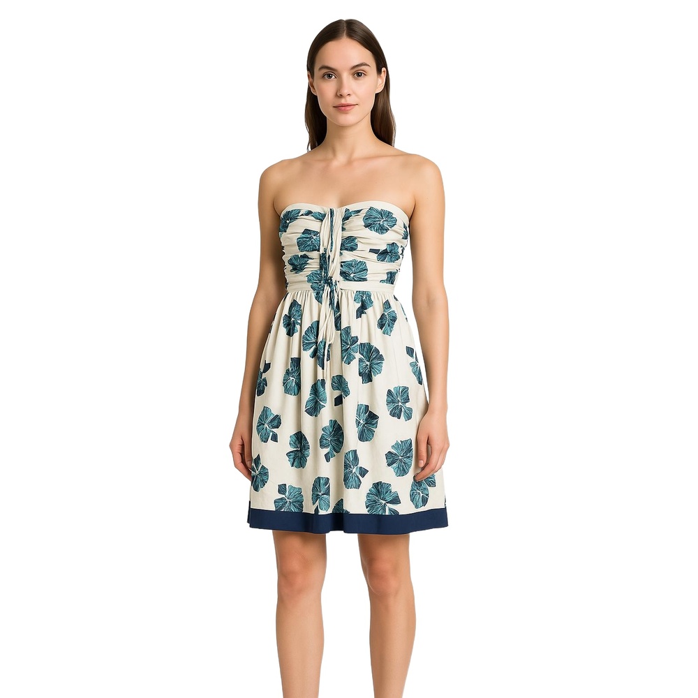 Alberta Ferretti Blue Beige Floral Romantic Strapless Dress Ruched Womens 10